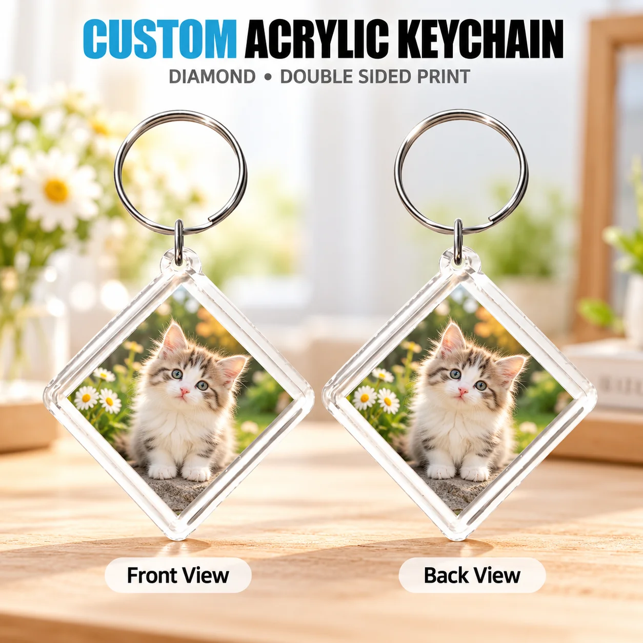 Personalized Photo Keychain Custom Acrylic Keychain Double Sided Diamond Clear Case Metal Ring for Keys Bags Luggage Gift 1pc
