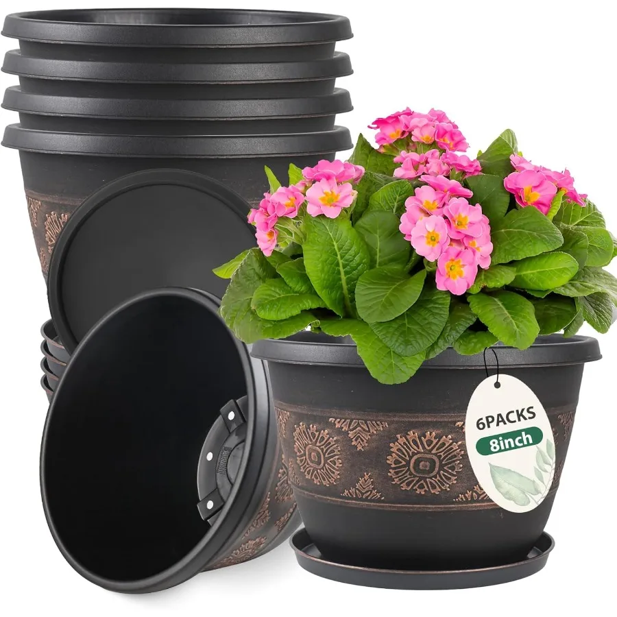 

6 Pack 8 inch Plant Pots Retro Pattern Planters with Drainage Holes and Saucer Sturdy Plastic Garden Flower Pots for Indoor Out