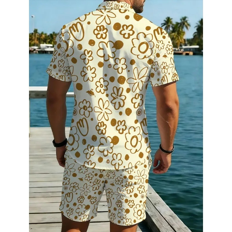 Men's Polyester Short Sleeve Shirt Shorts Set Cream Gold Floral Design Summer Beach Outfit Lightweight Breathable Casual Wear fo