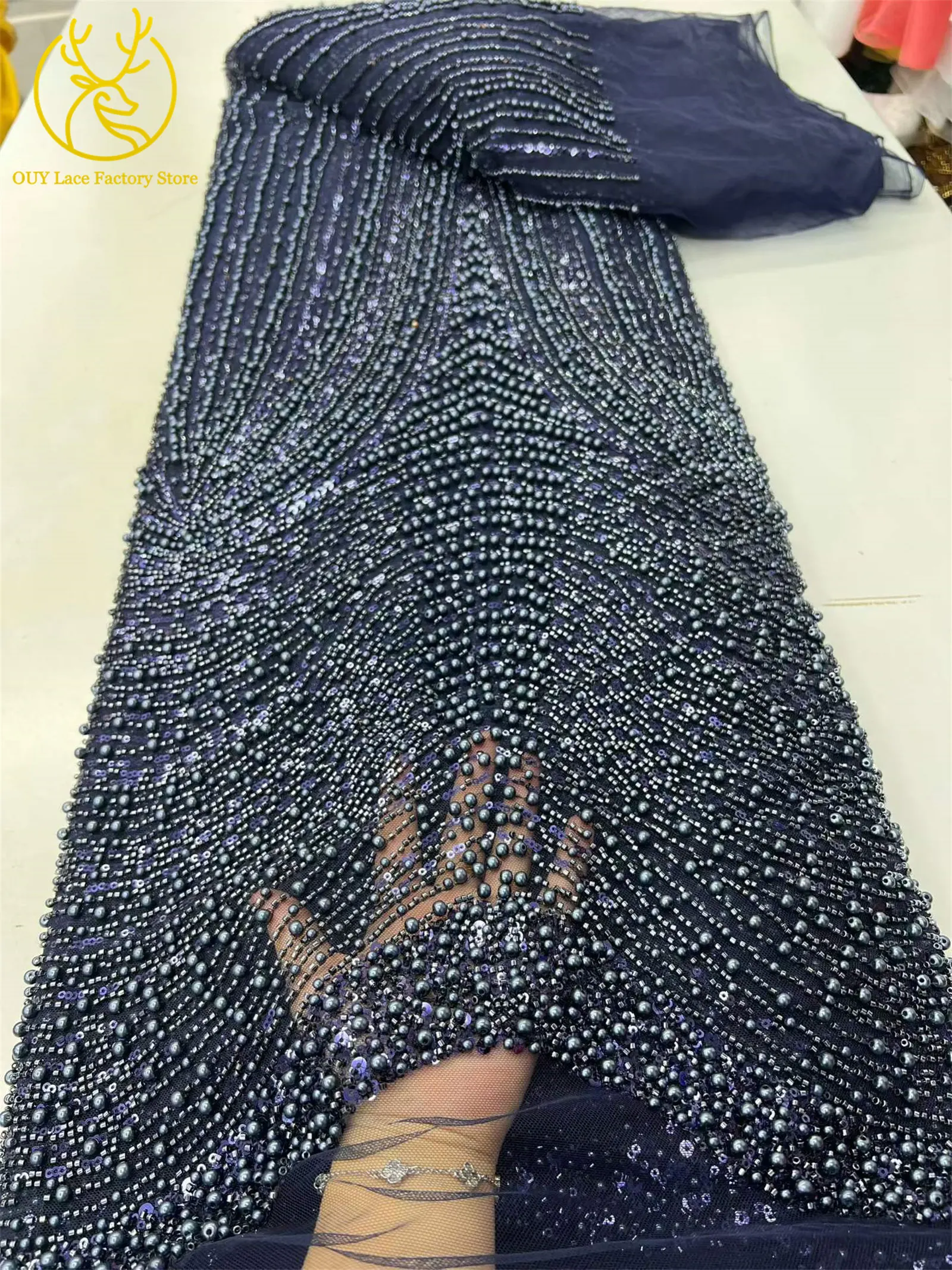 Rosa afrikanischer Perlen-Spitzenstoff 2026, eleganter französischer Pailletten-Spitzenstoff, modischer nigerianischer Tüll-Spitzenstoff für Partykleider – Detail 11