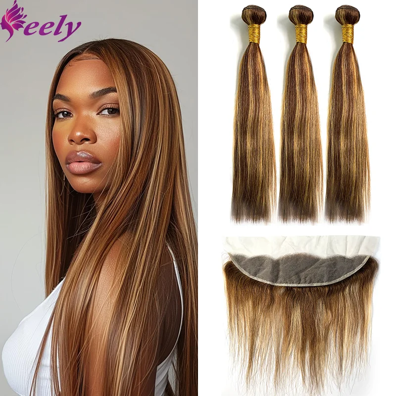 Highlight Straight Human Hair Bundles With 13x4 Lace Frontal Honey Blonde P4/27 Brazilian Hair Extensions 3 Bundles With Closure