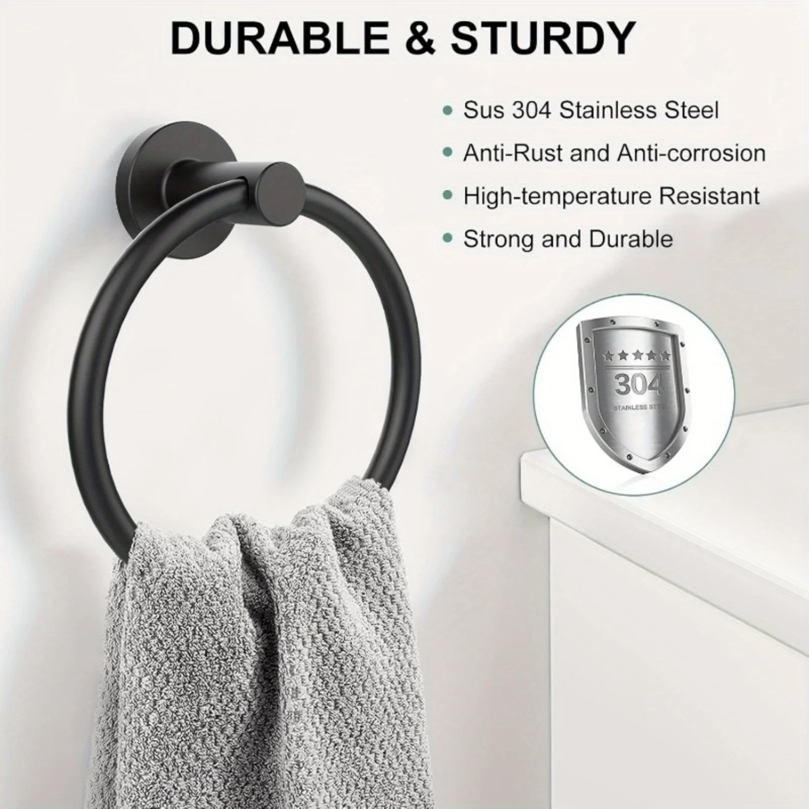 1pc 15.8×6.22in Bathroom Wall Matte Black Towel Ring, Stainless Steel Hand Towel Rack Heavy Duty Bathroom, Kitchen Towel Hand H