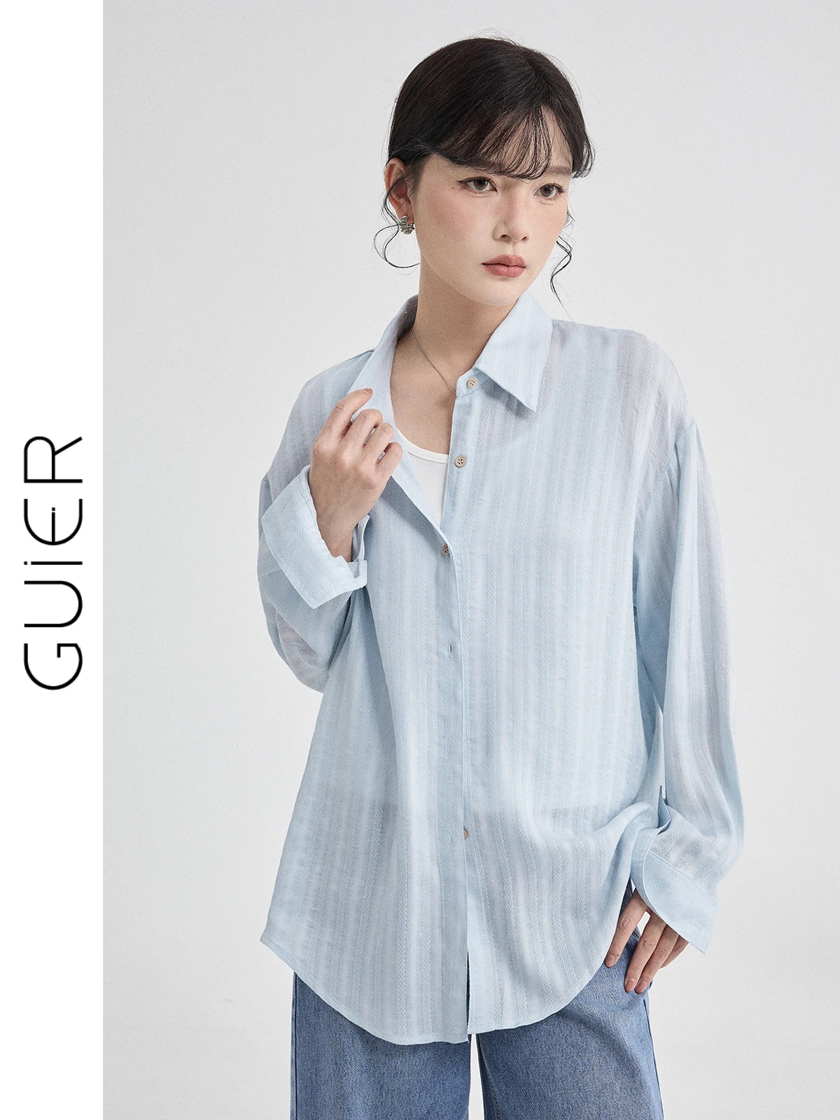 

Blue Long Sve Casual irt for Women 2026 New Spring Season Versatile Loose Fit Premium Quali irt by Guier