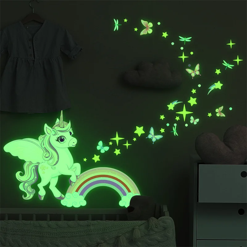 Glow in The Dark Unicorn Wall Stickers Fluorescent Butterfly Glowing Star Rainbow Decals Ceilling Decor for Kids Room Bedroom