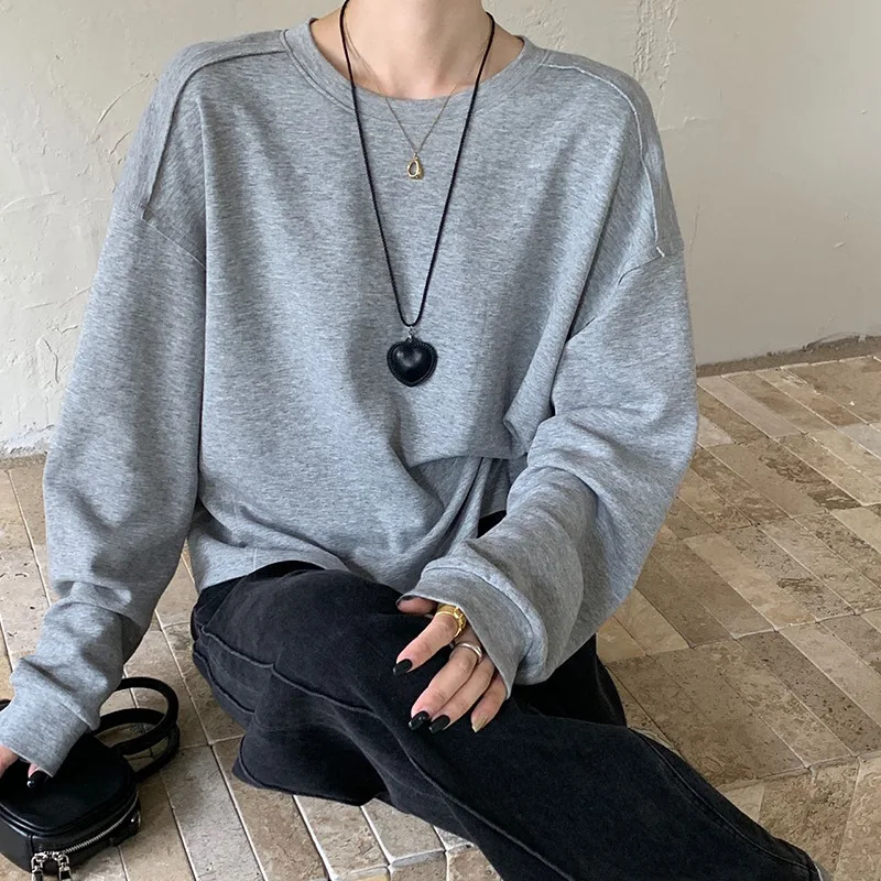 T-shirt à manches longues et col rond pour femme, ample, polyvalent et fin, Style paresseux, couleur unie, nouvelle collection 2025