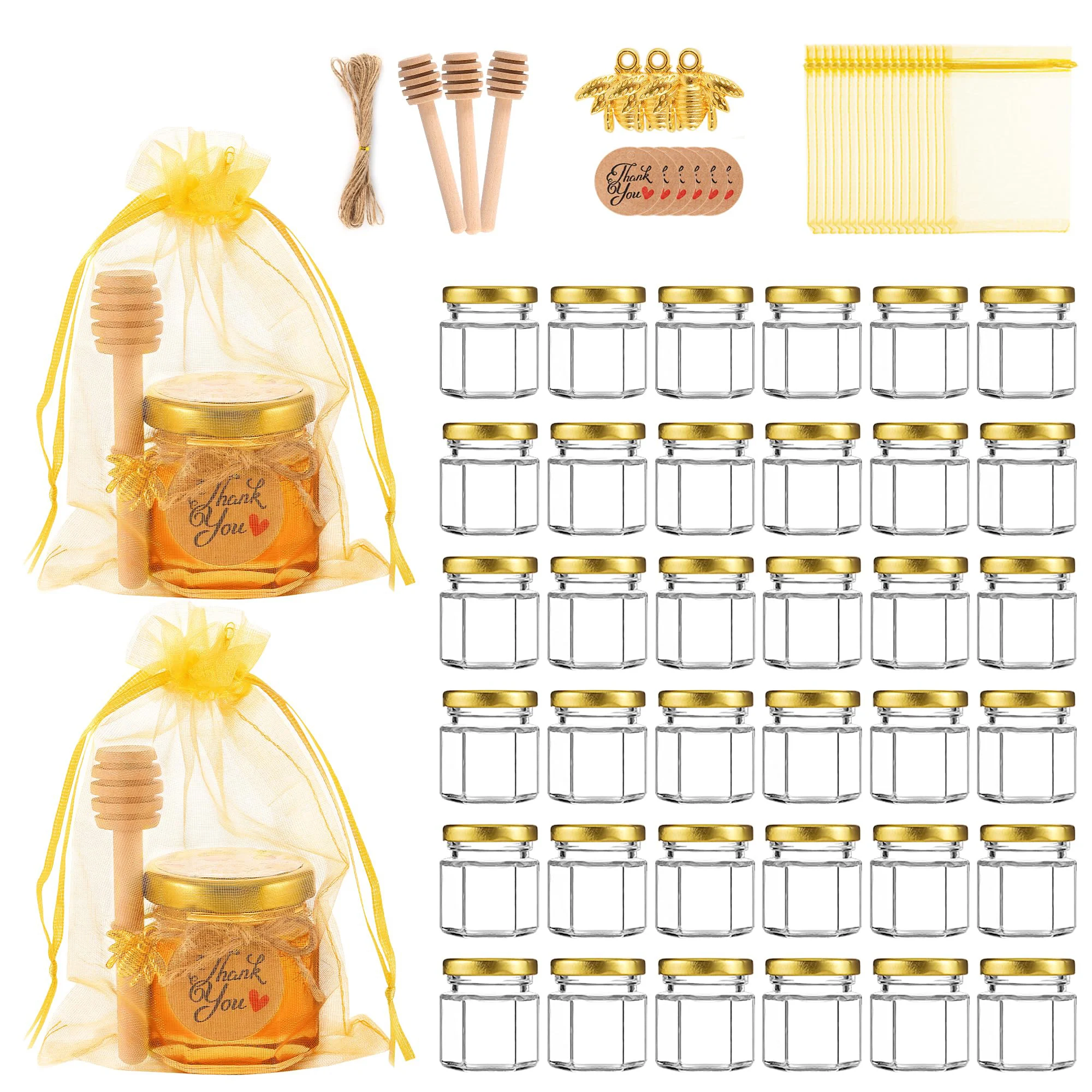 Mini pots de miel hexagonaux en verre de 1.5Oz, avec trempette en bois, pendentifs d'abeille et couvercle pour réception-cadeau pour bébé, mariage, fabrication de bougies, cadeaux de fête