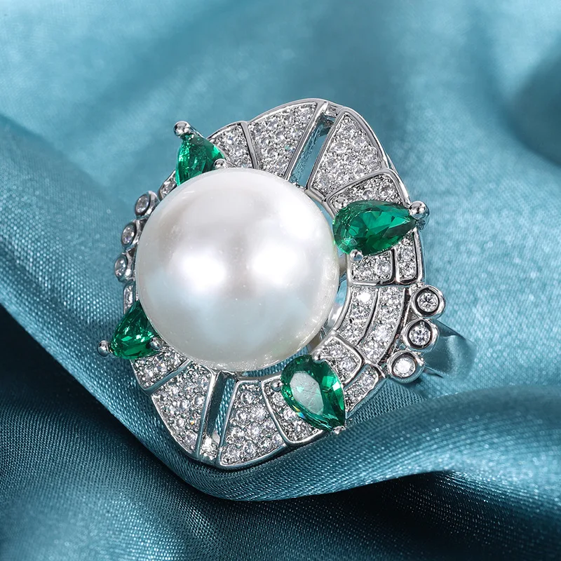 Pearl Women's Retro Palace Style Red Ruby Green Gemstone Ring Pendant Two-Piece Set