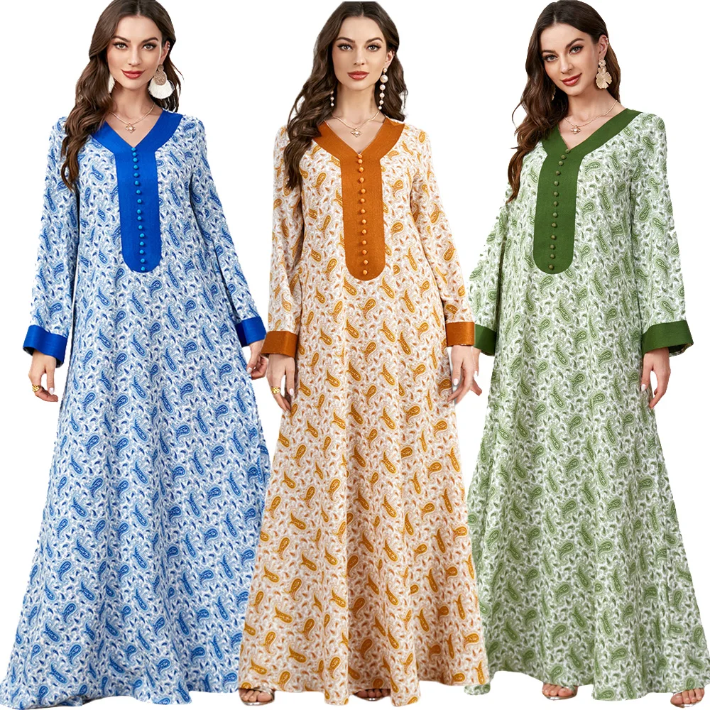 

Abaya Dubai Muslim Party Dresses V Neck Elegant Print Dress A Line Long Sleeve Casual Robe Moroccan Caftan Summer Dubai Holiday