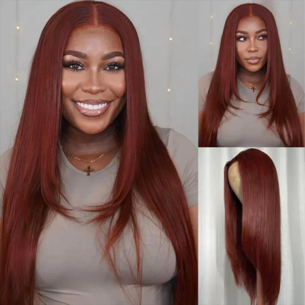 Reddish Brown Butterfly Haircut Wig Layered Wig Synthetic Straight Wigs For Women Lace Wig Pre Plucked Black Natural Hair