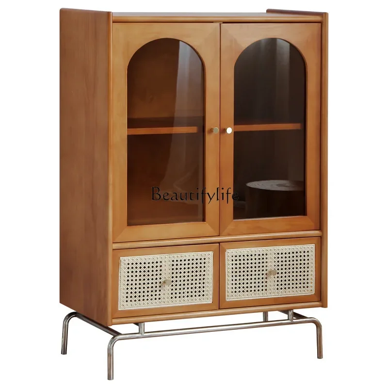 

ls 18 **Retro pure solid wood rattan dining side locker wabi sandy wind medieval storage glass wine cabinet