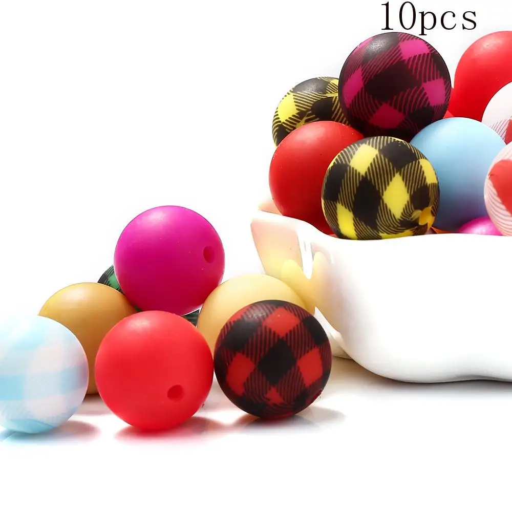 10Pcs 15mm New Round Checkered printing Silicone Beads Print Focal Beads DIY Necklace Bracelet For Jewelry Making Handmade