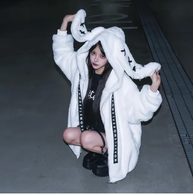 Harajuku Style Rabbit Ear Faux Fur Jacket Medium Length Winter Coat Punk Subculture Japanese Style Women's Short Outerwear