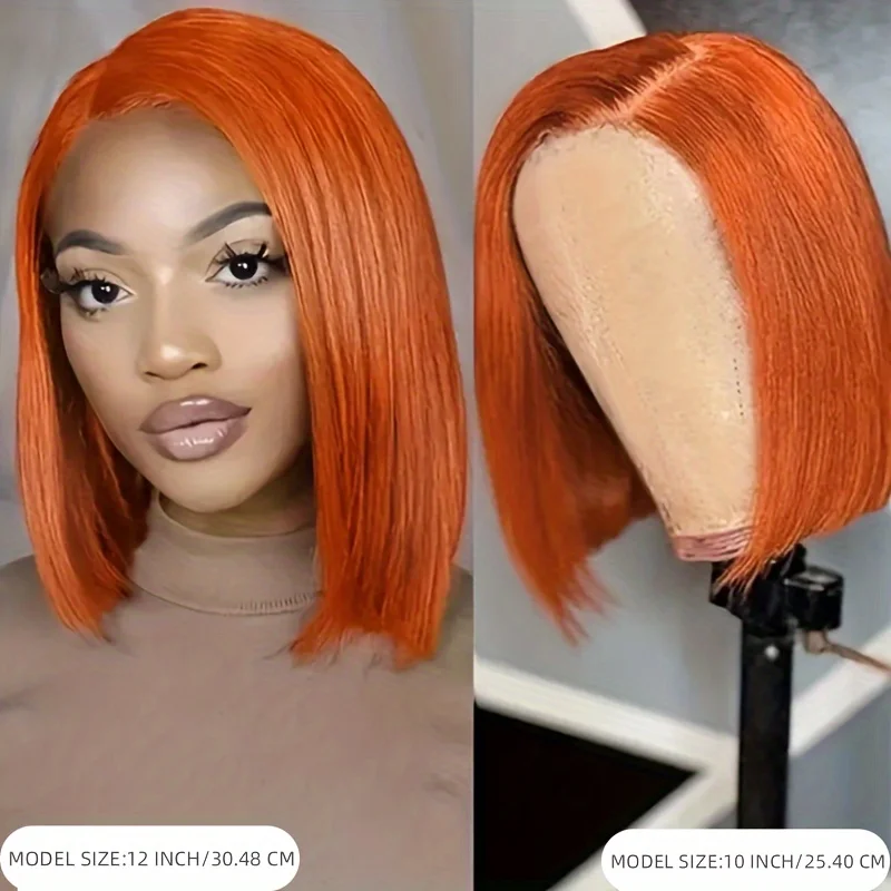 Perruque Bob Lace Wig Brésilienne Naturelle, Cheveux Courts Lisses, Orange, Pre-plucked, en Solde, pour Femme