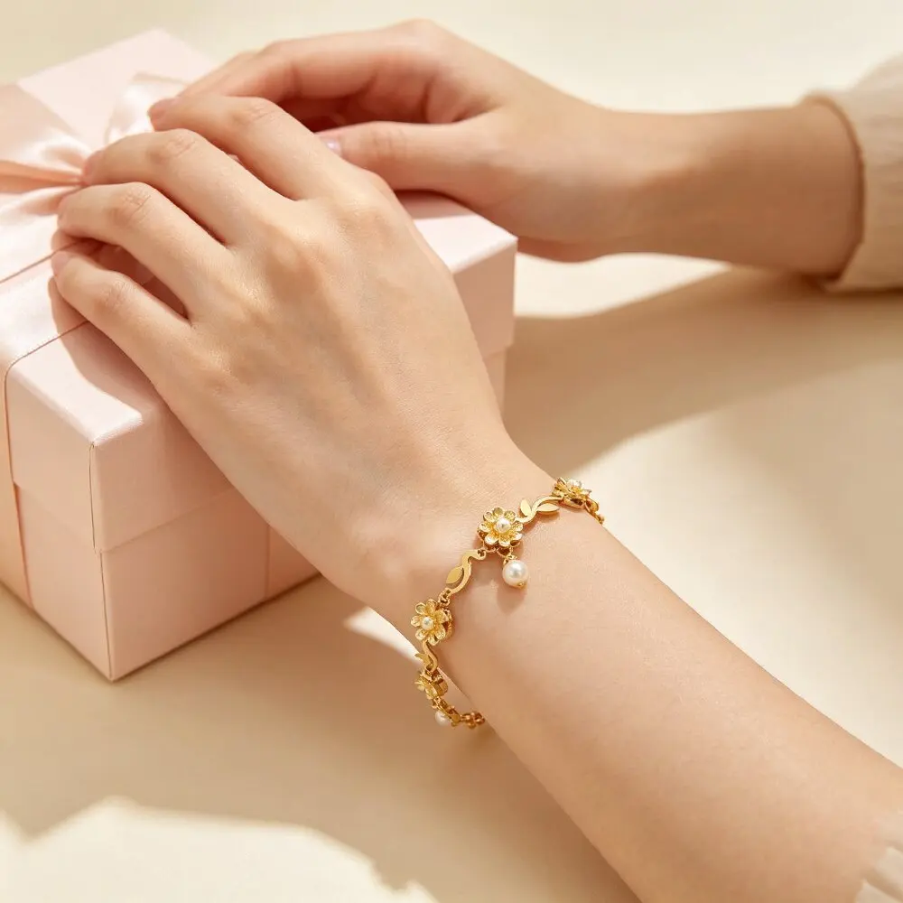 1pc AENSOA Woman Stainless Steel Bracelet Dainty Golden Small Flowers Vine Hand Chain Classic Romantic Jewelry Gift