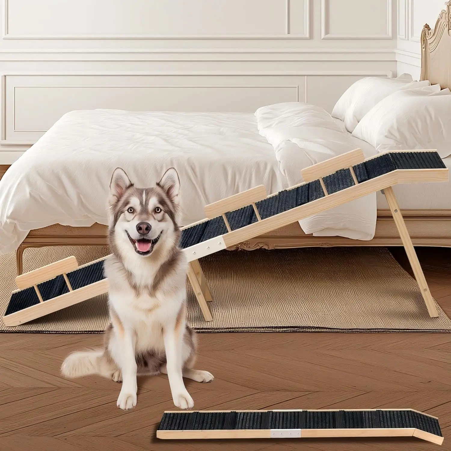 Foldable 74" Wood Dog Ramp for Bed & Couch, 22° Gentle Slope, Side Rails, High Traction Carpet, Supports 200 lbs