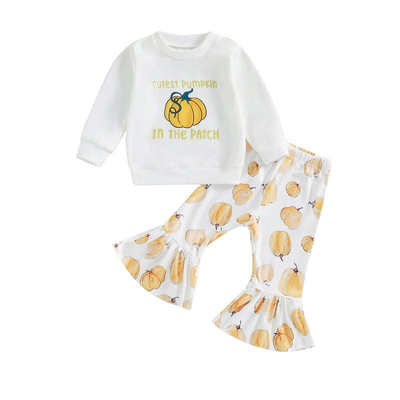 

Girls Thanksgiving Pants Sets Long Sleeve Letter Pumpkin Letter Turkey Print Tops Flared Pants Sets