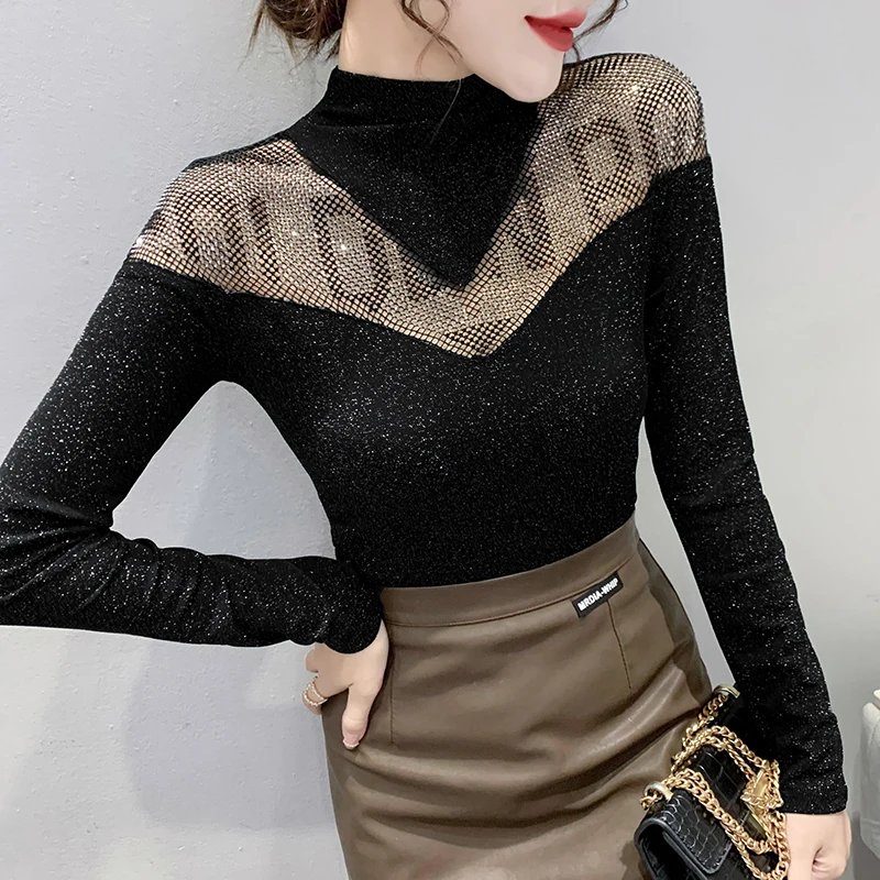 SALE Spring Long Sleeved Turtleneck Mesh Tops Elegant Slim Sexy Perspective Women's T-Shirt Clothing
