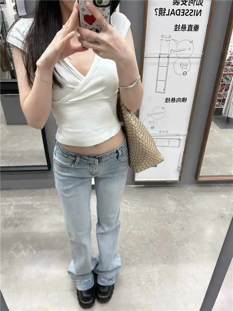 

Women's American Retro Bleach Jeans Gyaru Low Rise Skinny Denim Pants Long Trousers Japanese Bootcut Jeans Abi Y2k Cowboy Punk