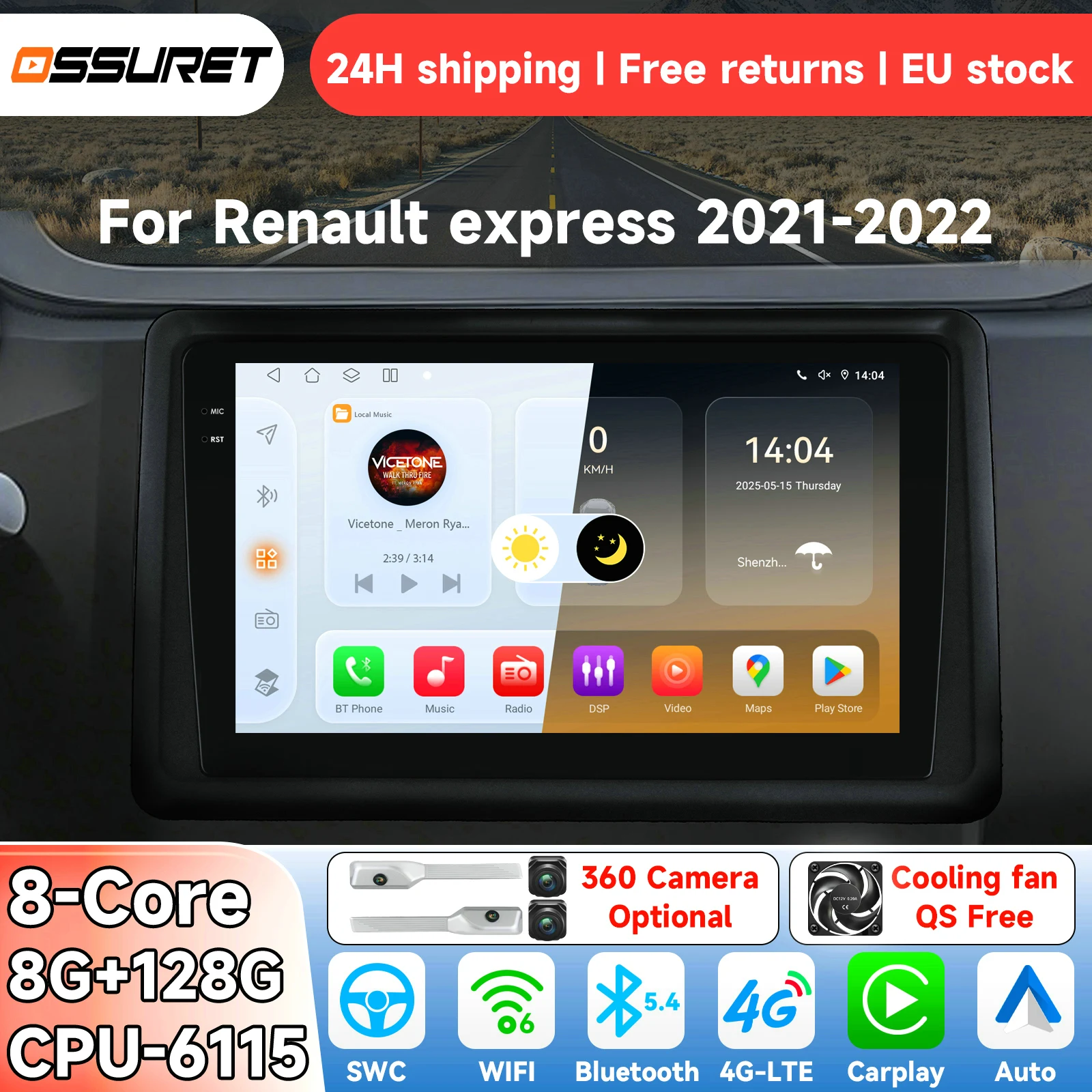 OSSURET AI Android14 autoradio pour Renault Express 2021-2022, système intelligent Carplay, lecteur vidéo multimédia, GPS 4G 6115