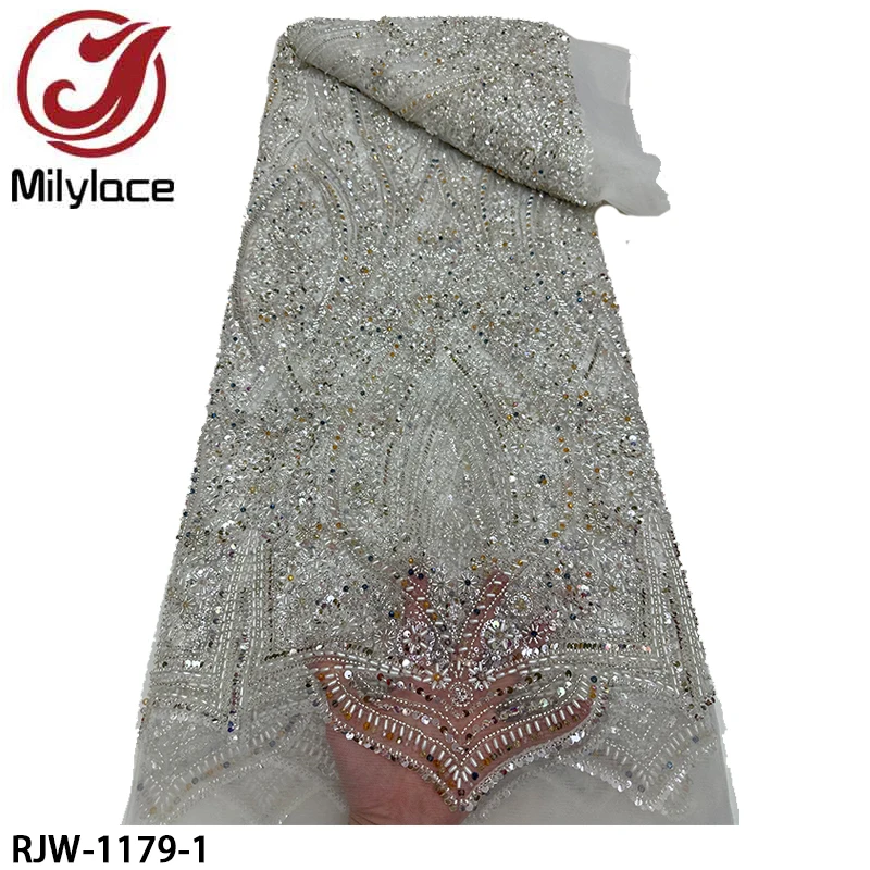 

Nigerian Handmade Beads Tulle Lace Fabric Luxury Sequins Lace Fabric for Women Evening Cloth Dresses RJW-1179