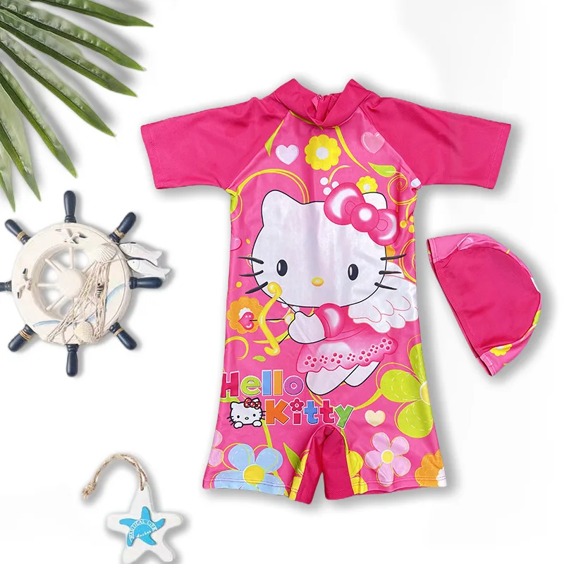 Miniso Hello Kitty Child Bikini Girls Swimwear Kid One-Piece Swimsuit Cute 2-6Y Kindergarten Bathing Dress Students Swimming Cap