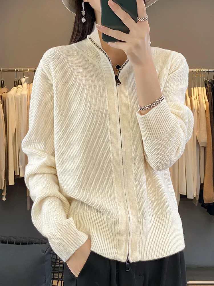 

100% Pure Wool Zipper Cardigan 2025 Padded Shoulder Stand Collar Autumn Winter Women's Cashmere Knitted Coat New Lapel Sweater