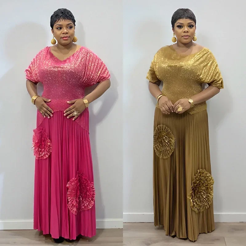 

2 Pieces Set For Women Fashion V Neck Batwing Sleeved Irregular Hem Pleated Top + 3D Flowers A-line Folds Skirt