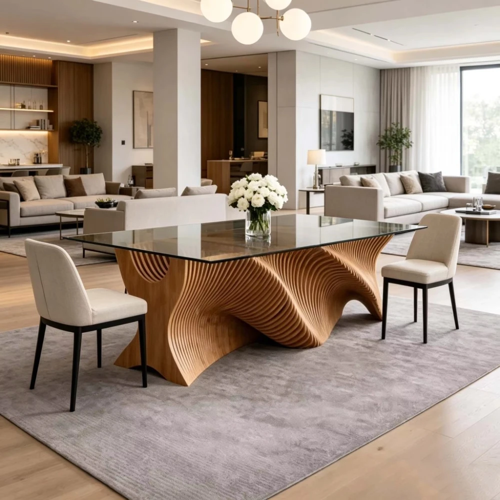Luxury Solid Wooden Dining Table with Glass Top Rectangular Desk for Home Hotel Villa Kitchen Yard Garden Dining Room Furniture
