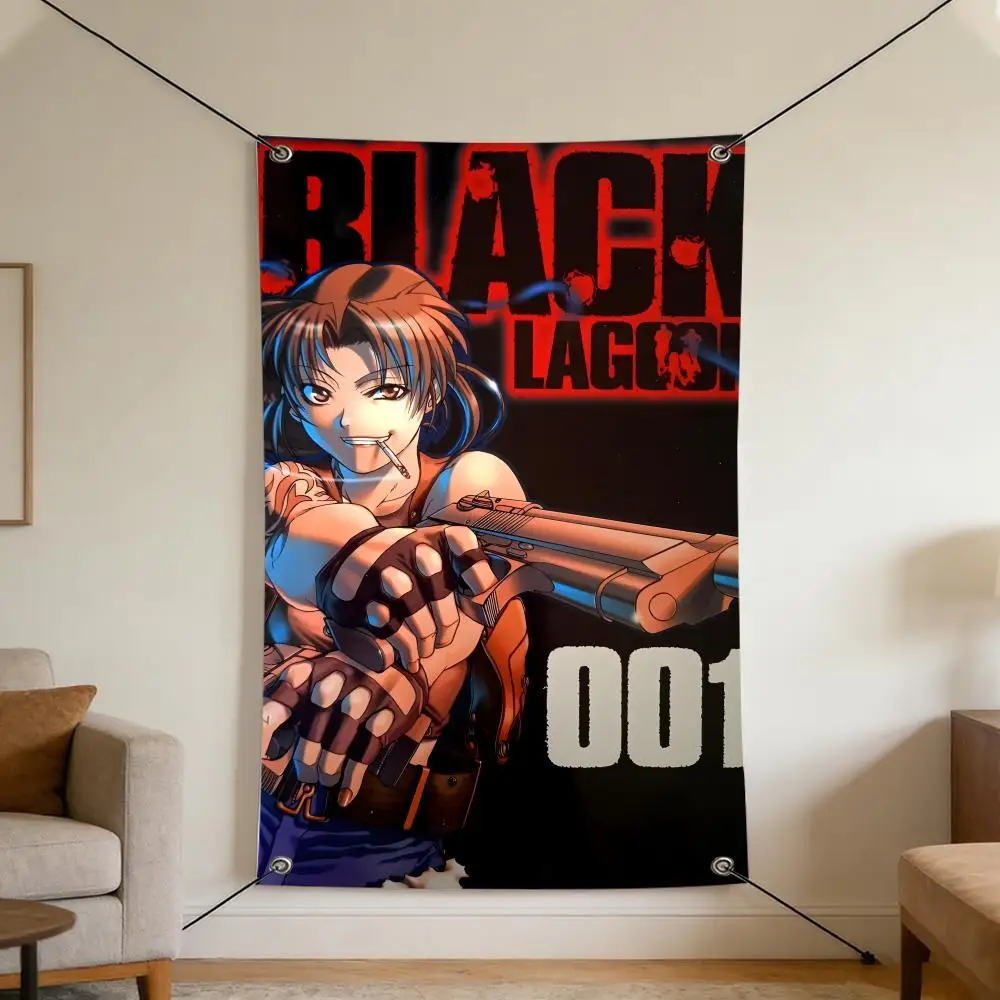 Anime B-Black L-Lagoon Flags Cozy Home Flag 4 Grommets Anti-Wrinkle Waterproo  Indoor