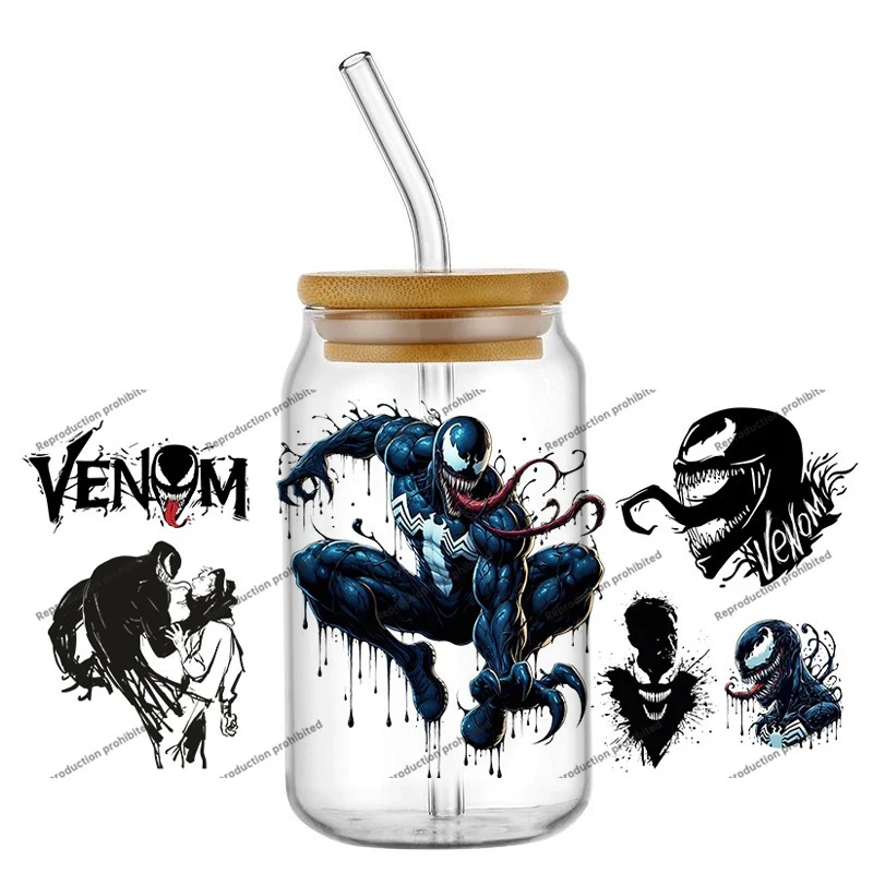 인기 베놈 16온스 UV DTF 핫 20 디자인 3D 스티커 슈퍼히어로 만화 패션 데칼 유리 캔 컵 머그 커피 공예 생일 선물