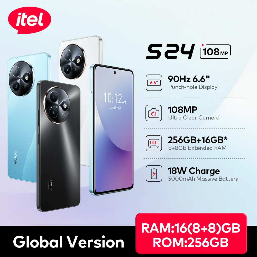 itel S24 NFC Android-смартфон 108MP мобильный телефон 16 ГБ/256 ГБ 90 Гц 6,6 