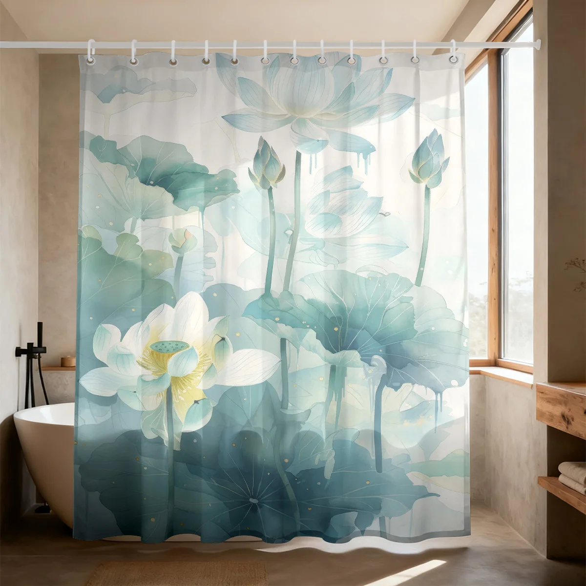 Soft Watercolor White Lotus Green Lotus Leaf Print Bath curtain Lightweight Warm t Sofa Bed Cover Gentle