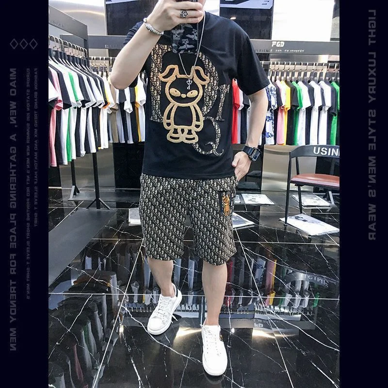 Summer Men\'s Casual Suit Crewneck Cartoon Animal Print Short-sleeved T-shirt Fashion Trend Shorts Two-piece Set