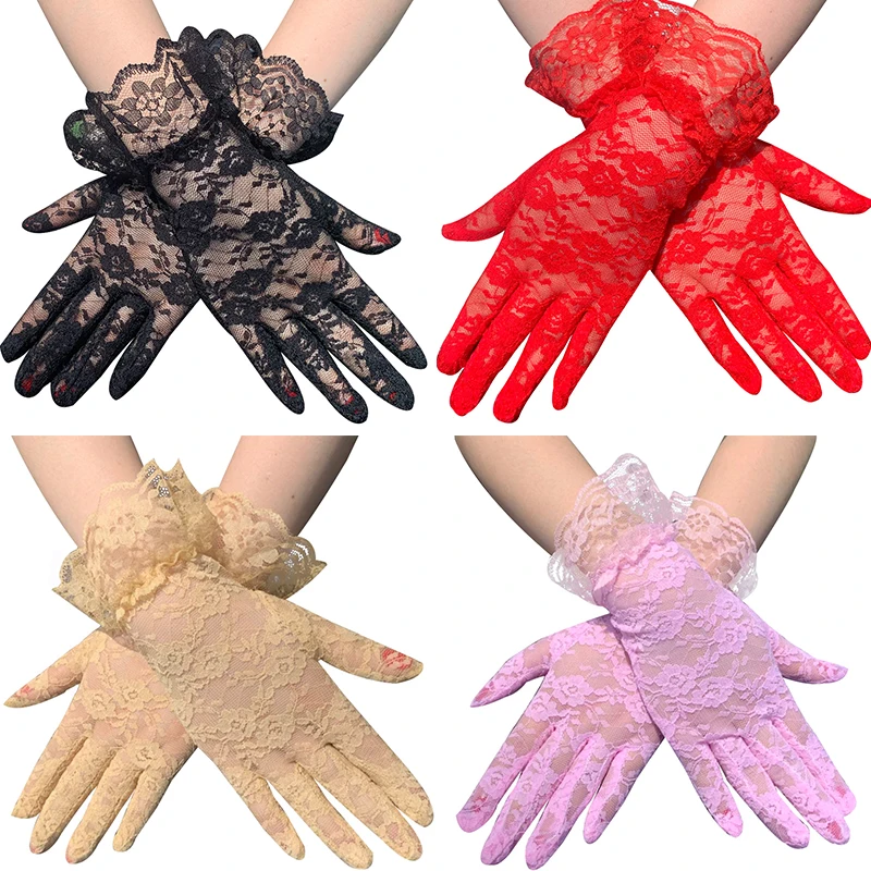 Women Sheer Short Lace Gloves Sexy Party Wedding Gloves Mesh Thin Floral Full Finger Mittens Summer UV-Proof Wrist Glove