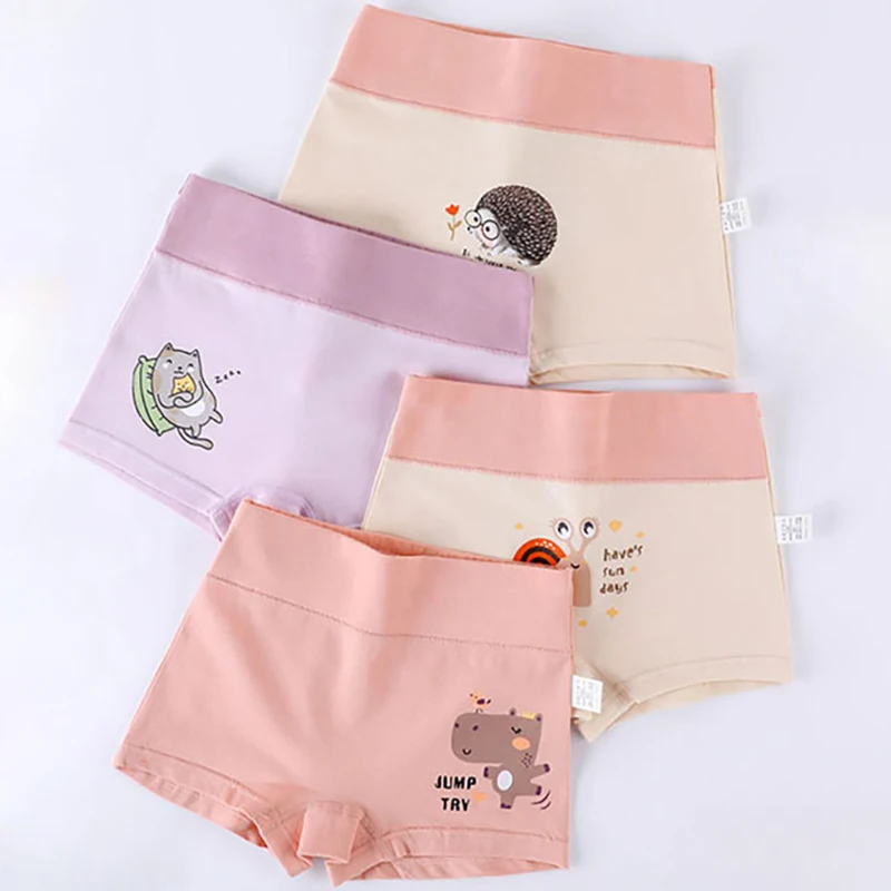 4PCS Girls High Waist Cotton Panties Kid Thin Breathable Soft Antibacterial Knickers Cute Print Briefs 3+y Young Child Underwear