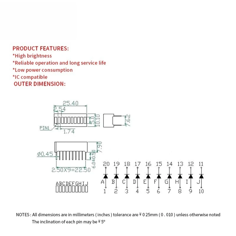 5PCS 10-Segment LED Bar Graph Display Ultra Bright Red/Blue/Green 20Pin Digital Tube 25x10mm for Arduino DIY Projects