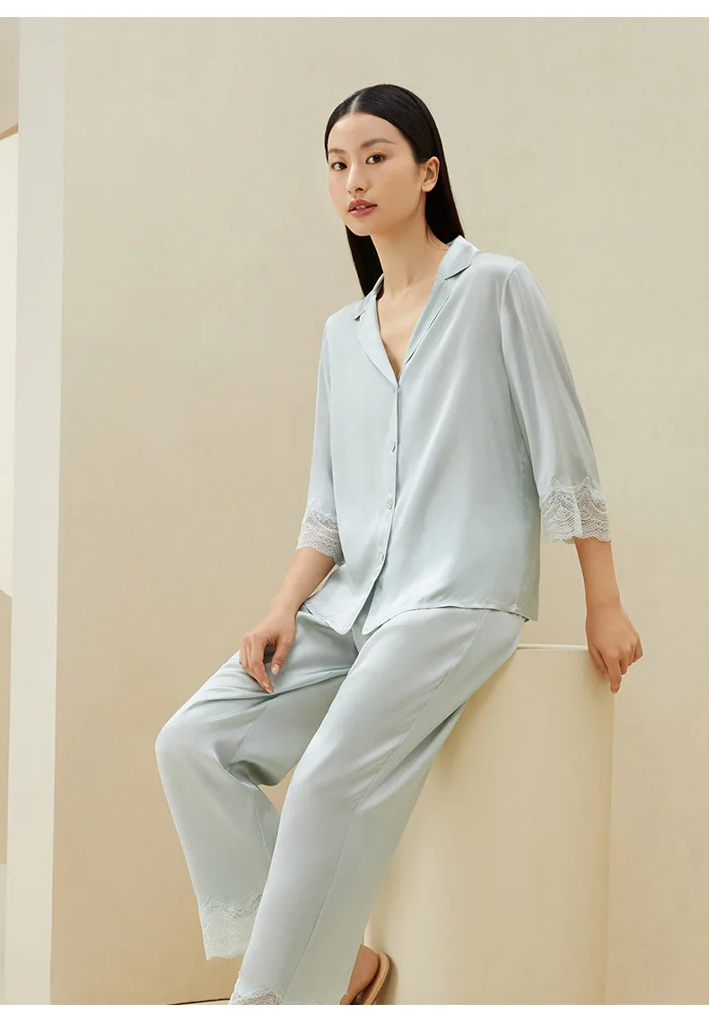 Birdtree 6a 100% Maul beers eiden pyjama für Frauen, einfarbiger Satin aus Spitze, haut freundliche Homewear-Sets, Frühling neu s41897qm