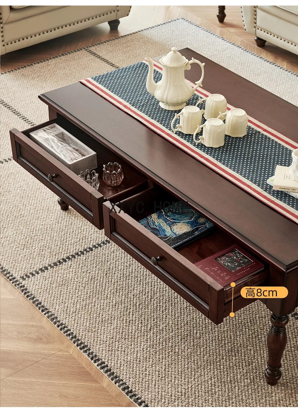 American-Style Solid Wood Tea Table Four Drawers 1.3 M Retro Style Living Room Home Full Cherrywood Log Furniture