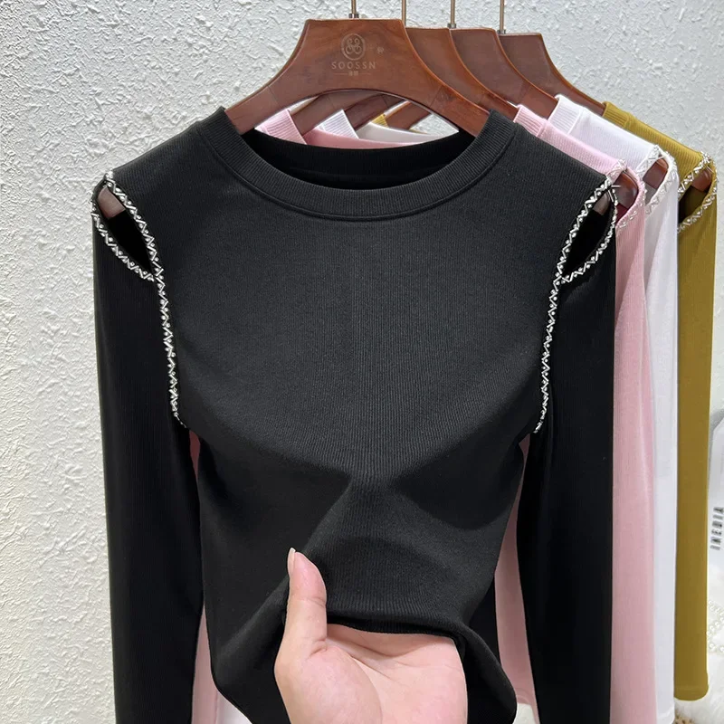 

Round Neck Long Sleeved T-shirt for Women's Autumn and Winter New Hollow Out Sexy Modal Cotton Black Bottom Top (M-3XL) V67