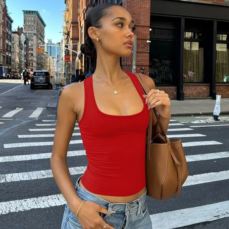 Damen Mode Einfarbige Tanktops 2026 Streetwear Ärmelloses T-Shirt Damen Quadratischer Ausschnitt Eng Anliegendes Korsett Y2K Mädchen Graues Crop Top – Detail 10