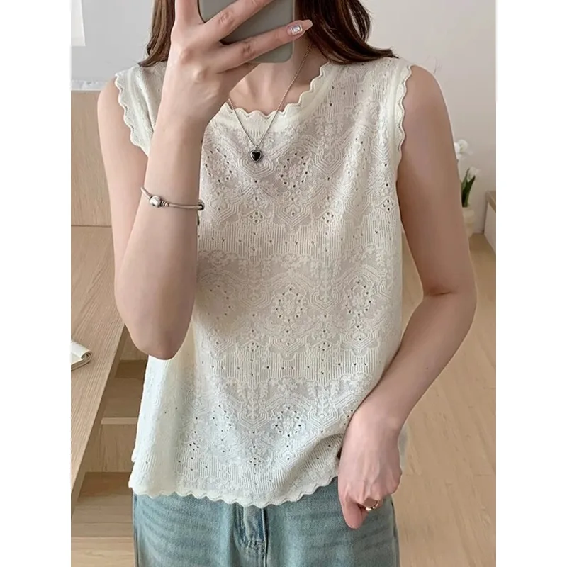High-grade relief hollow round neck knitted ice silk short sleeve women's summer loose sleeveless top T-shirt thin
