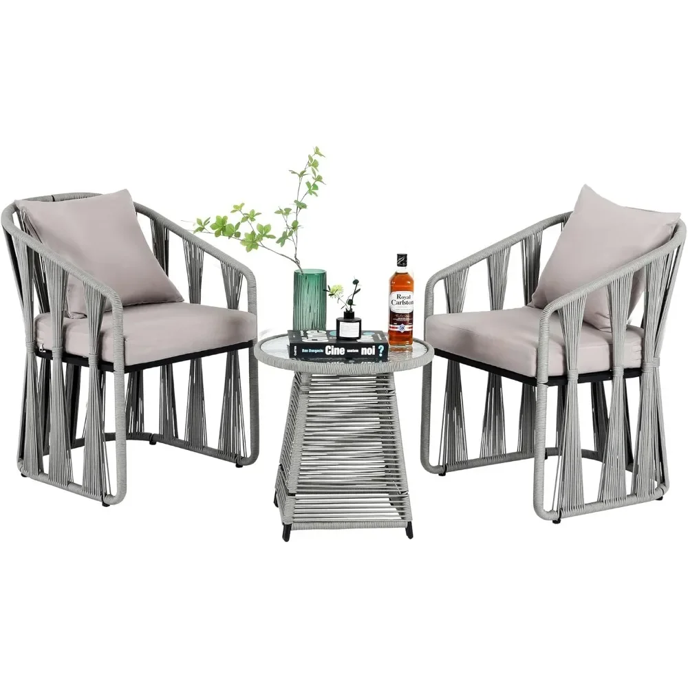 

3 Pieces Outdoor Patio Furniture Set Woven Rope Chairs, Outdoor Chairs with Table and Grey Soft Cushions,Ideal for Yard,G