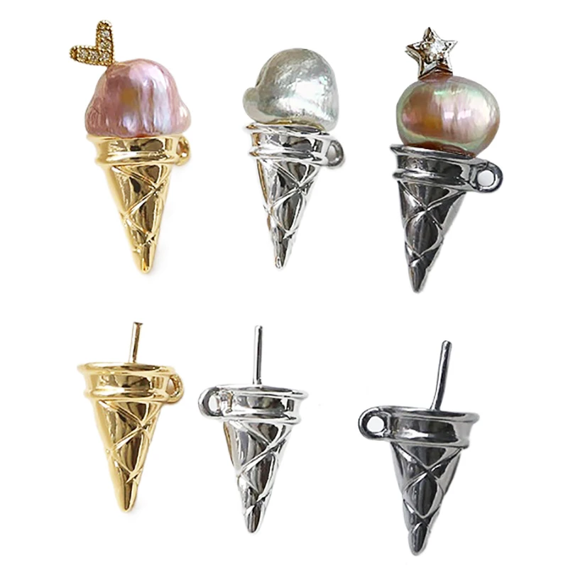 12 * 15mm copper gold-plated cone ice cream shape pendant DIY hand made jewelry with pin baroque pearl accessories material 2pcs