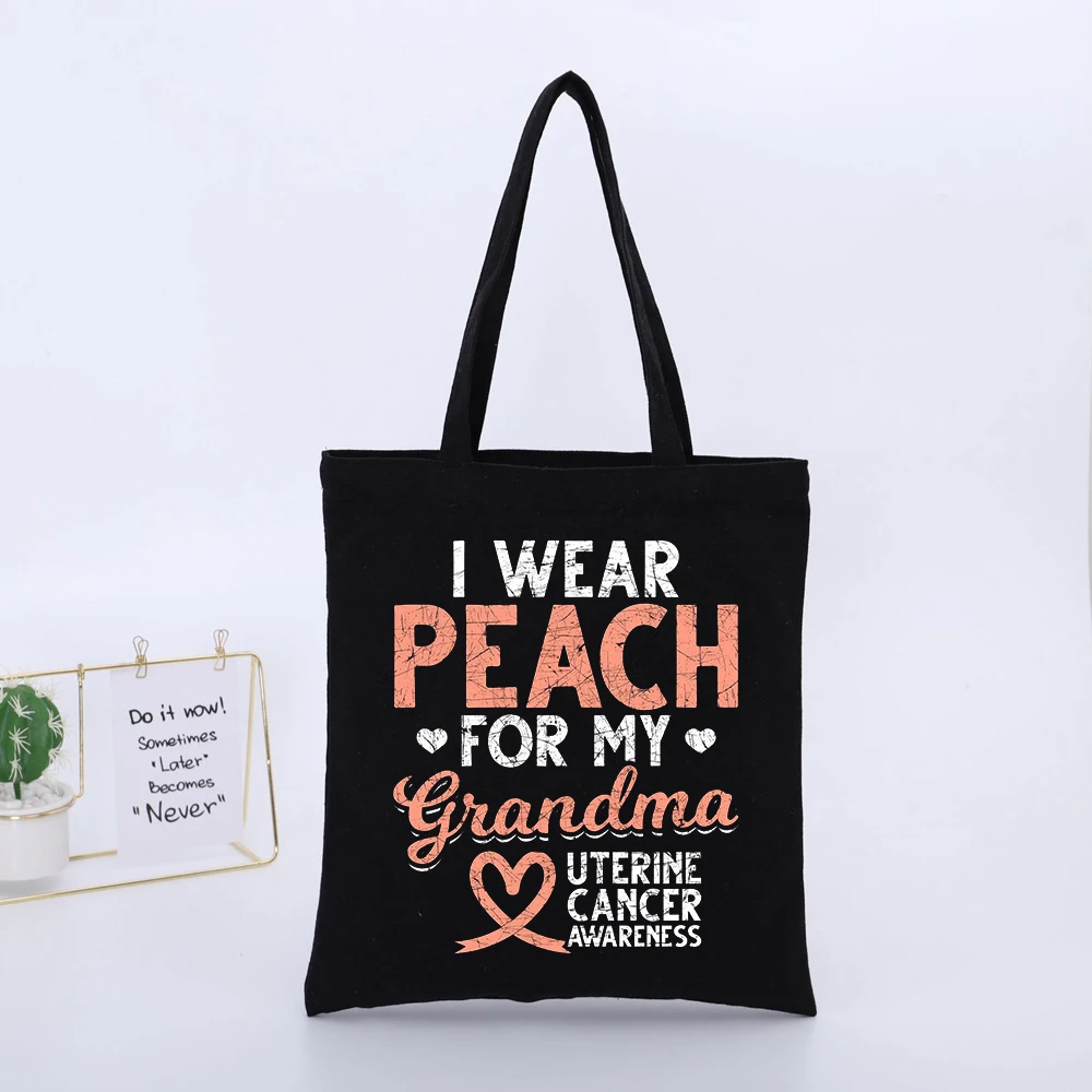 I WEAR PEACH FOR MY Grandma Black Canvas Tote Bag, Casual Style for Daily Shopping and Awareness Events
