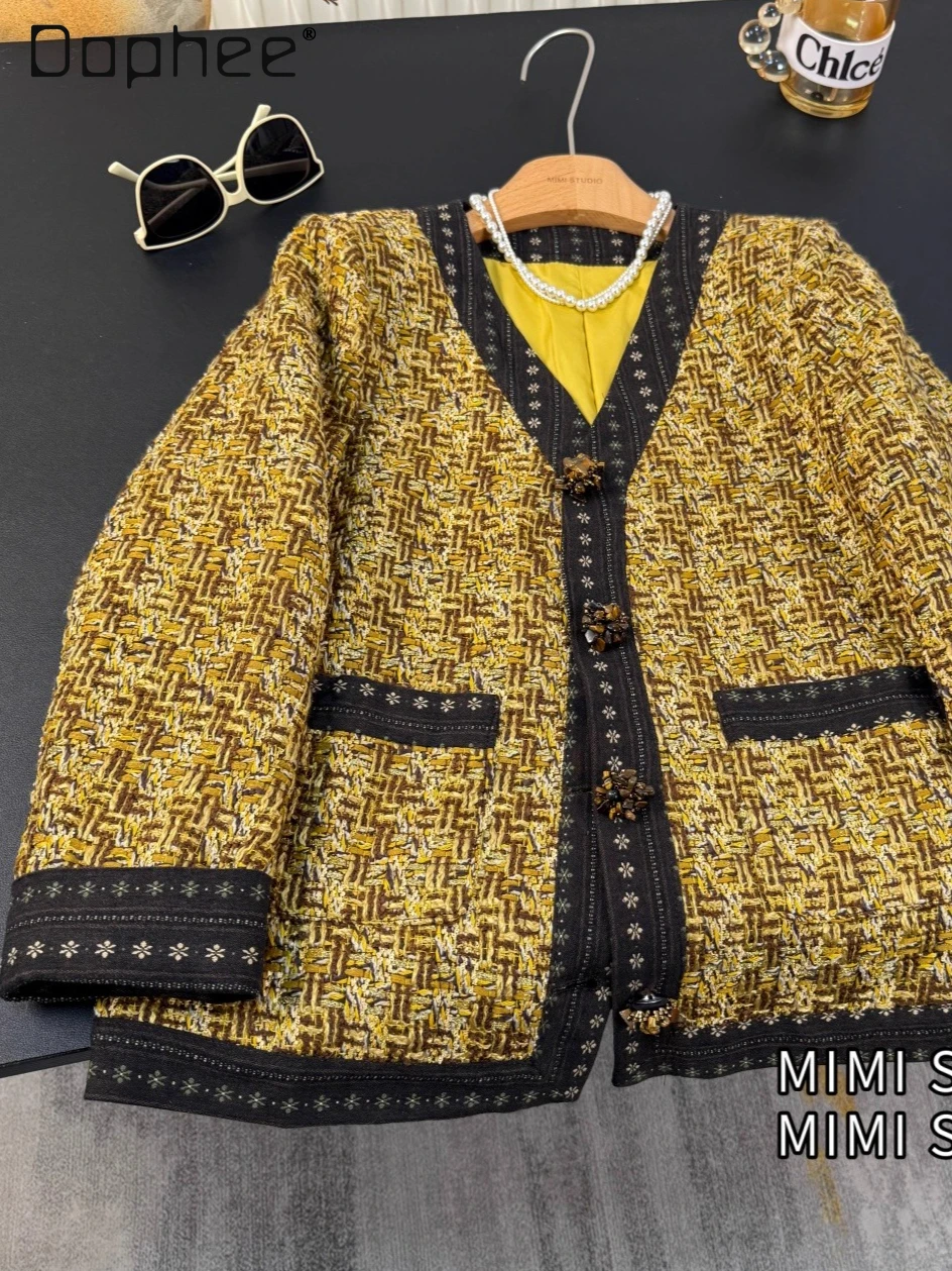

European Style High-End Socialite Tweed Jackets for Women Autumn Fashion Retro Patchwork V-Neck Loose Slimming Blazer Female