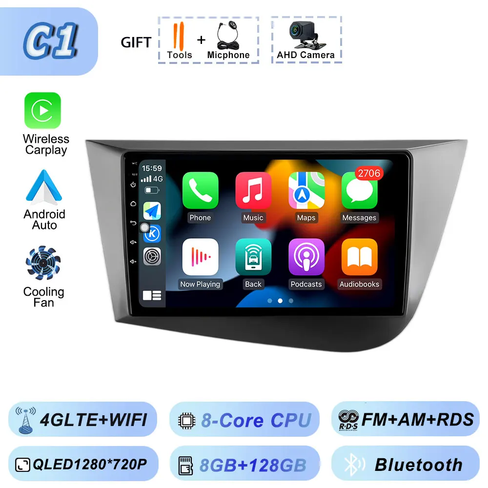 Draadloze Carplay Android 15 voor Seat Leon 2 2005-2012 Multimedia Video Player Wifi Autoradio Navigatie GPS Stereo Android auto