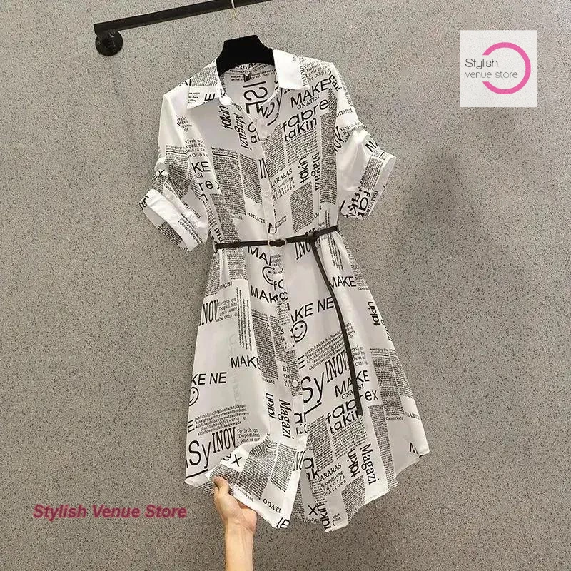 

Korean loose letter pattern fashion slim waist chiffon thin shirt skirt summer retro plus size irregular printed shirt dress.