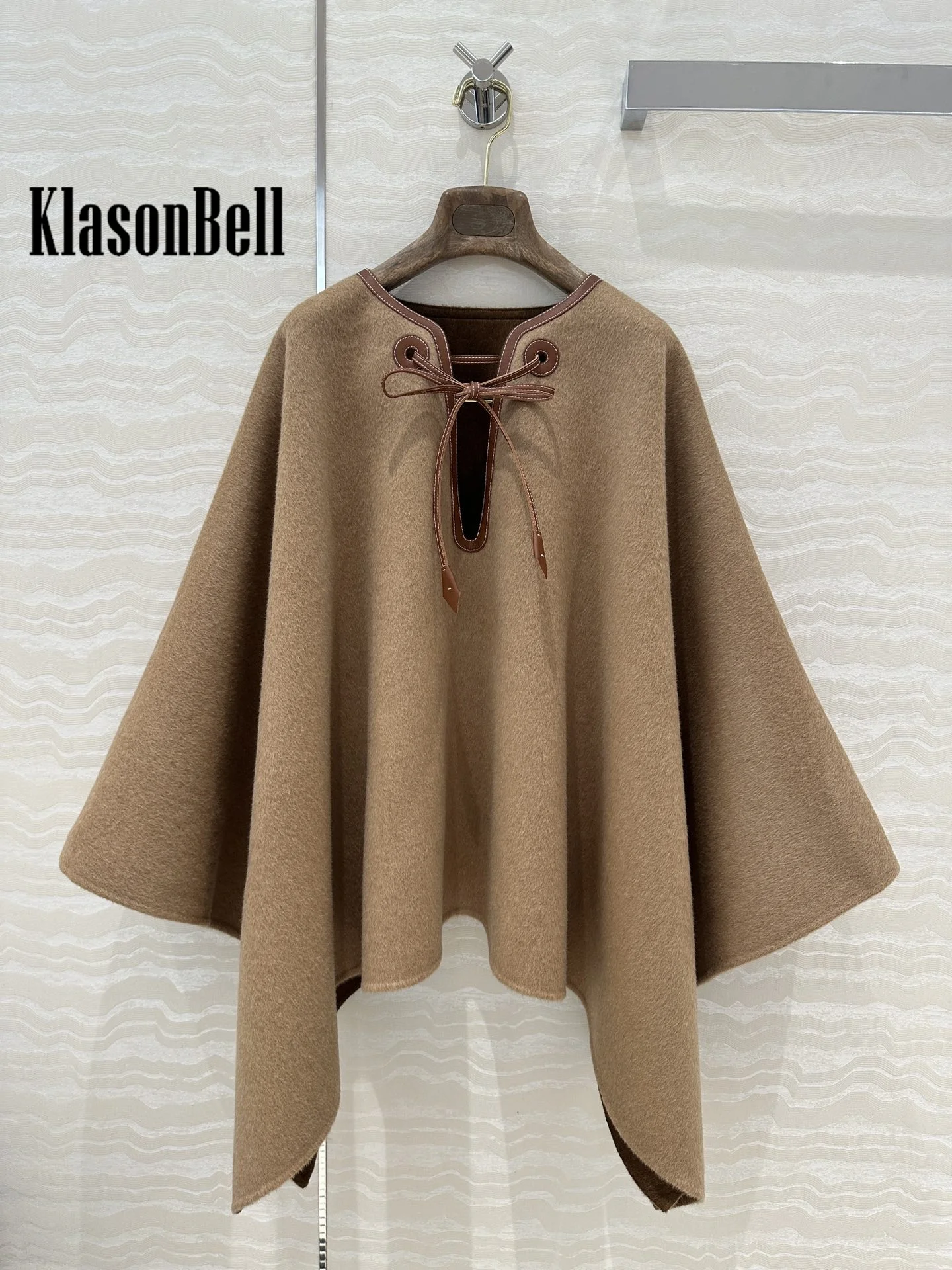 9.21 KlasonBell Women\'s Fashion Genuine Leather Lace-up Decoration Shawl Capes Elegant Keep Warm Cashmere Asymmetric Coat