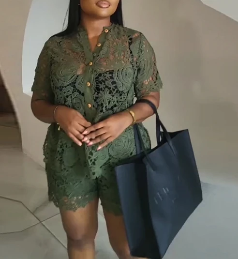 

New Fashion 2025 Summer Casual 2 Piece Sets Womens Outfits New Lace Stand Up Collar Short Sleeved Shirt High Waisted Shorts Set