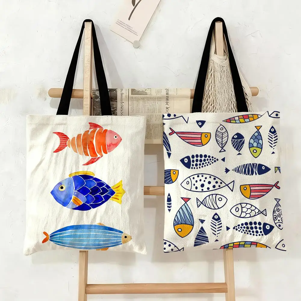 Colorful Fish Simplicity Storage Bags Large Eco Friendly Capacity Canvas Shopping Bag Shoulder Handbag Daily Use